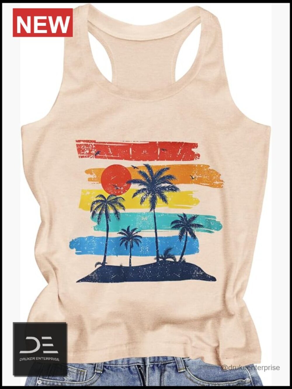 Racerback Tank Top with Graphic Tunic - Sleeveless Crew Neck Loose Fit